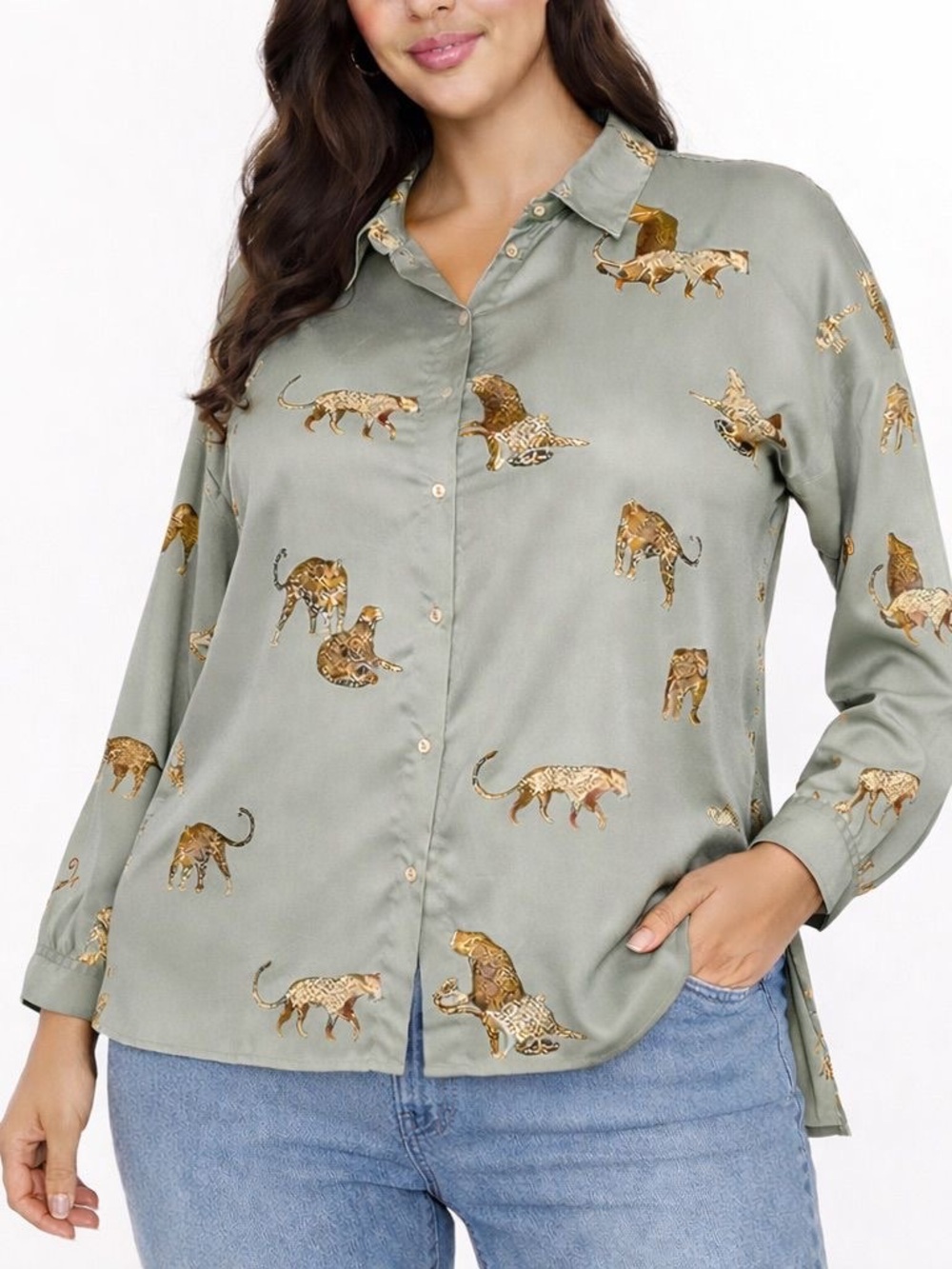 Womens XL Sage Green Cheetah Leopard Print Button Down Blouse Safari Top